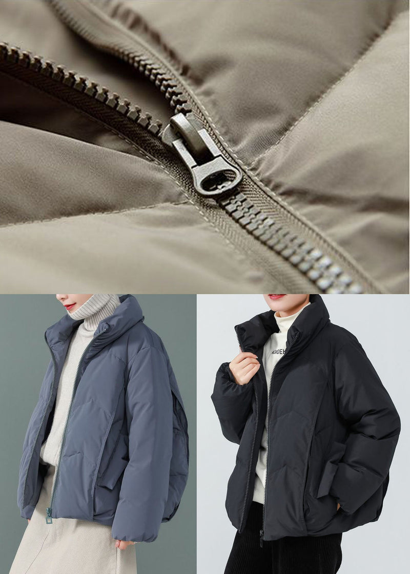 Blue Stand Collar Zip Up Duck Down Jackets Long Sleeve