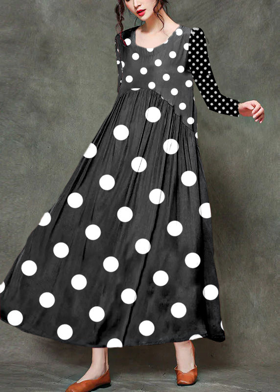Red Polka Dots O-neck Wrinkled Long Dresses Sleeveless