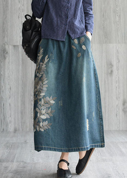 Natural Dark Blue Pockets Embroidered Cotton Denim Skirts Spring