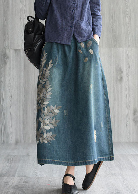 Natural Dark Blue Pockets Embroidered Cotton Denim Skirts Spring
