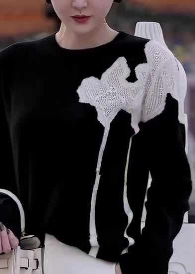 French Black O Neck Nail Bead Knit Sweater Fall