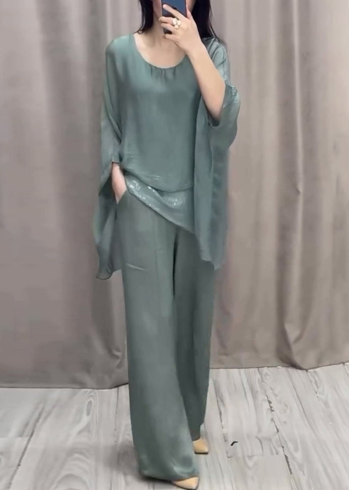 Loose Purple O Neck Tops and Pants Cotton Two Pieces Set Batwing Sleeve