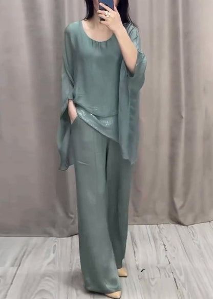 Loose Purple O Neck Tops and Pants Cotton Two Pieces Set Batwing Sleeve
