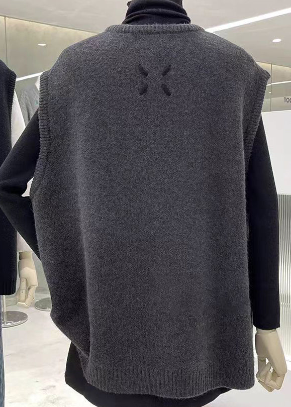 Grey O Neck Double Breast Patchwork Knit Vest Sleeveless