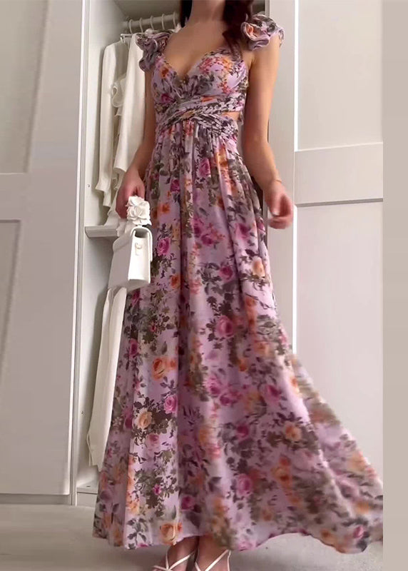 Purple Ruffled Print Hollow Out Chiffon Long Dress Summer