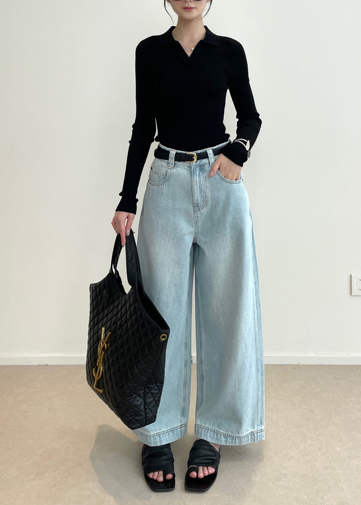 Black V Neck Silm Fit Knit Tops Spring