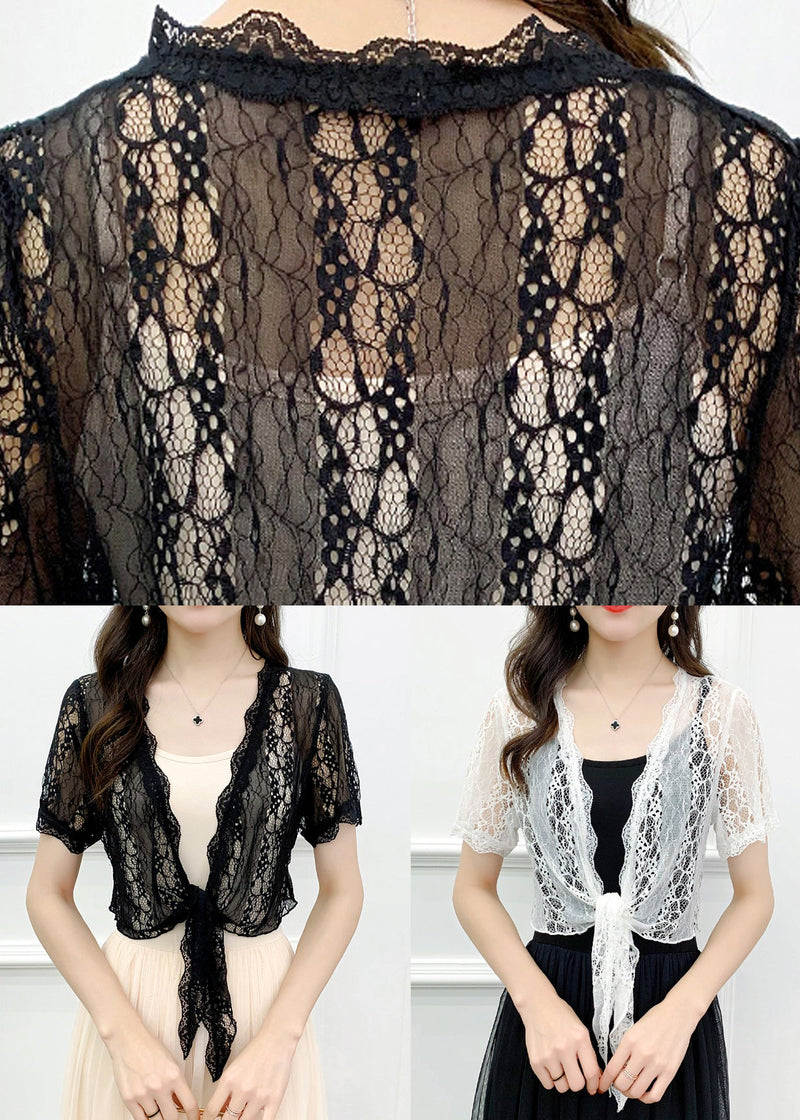 White Hollow Out Lace Cardigan V Neck Short Sleeve