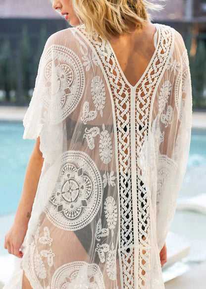 White V Neck Embroidered Hollow Out Lace Dresses Summer