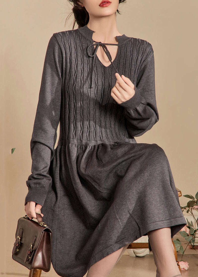 Grey Lace Up Knit Dresses Spring
