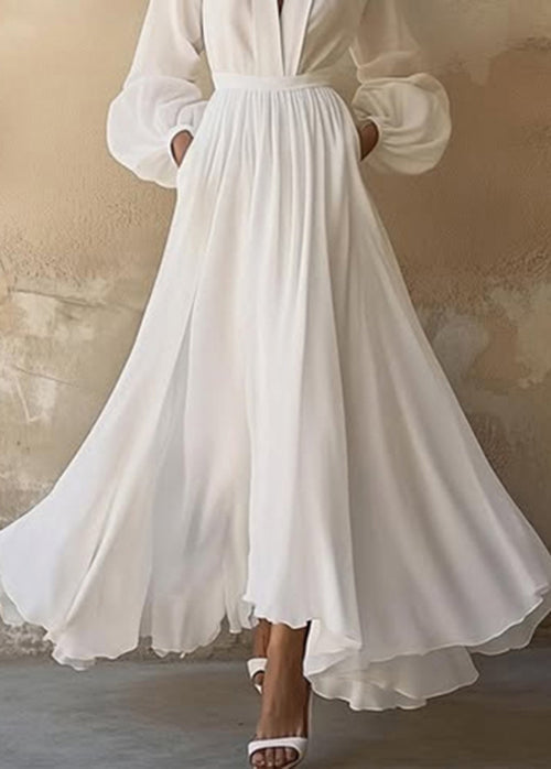 Boutique White V Neck Wrinkled Chiffon Maxi Dresses Fall