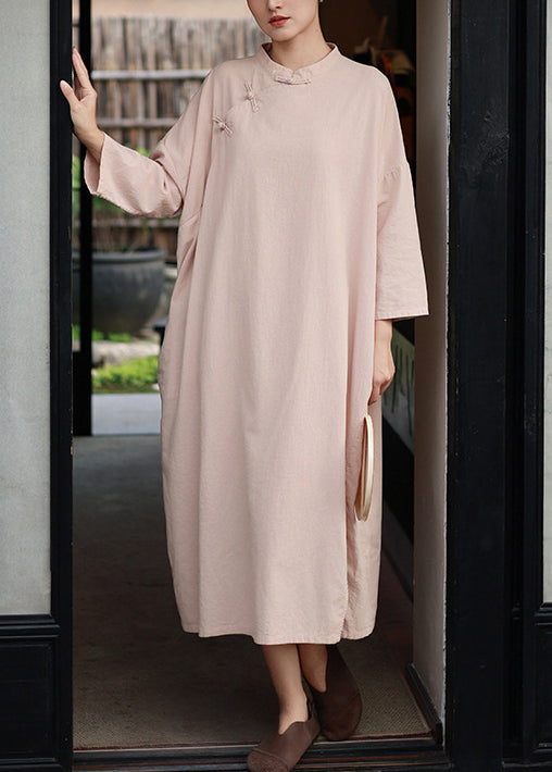 Retro Pink Stand Collar Oriental Button Cotton Dress Spring