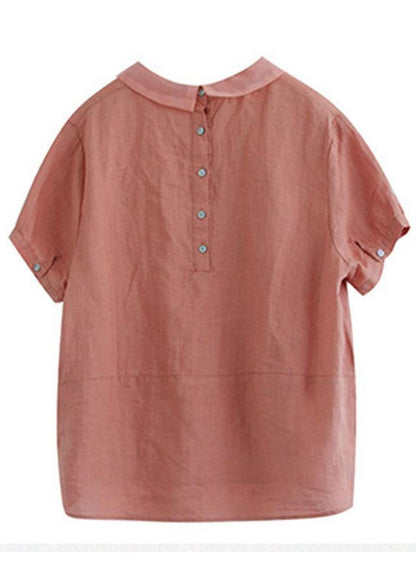 Pink Peter Pan Collar Patchwork Summer Ramie Shirts Short Sleeve