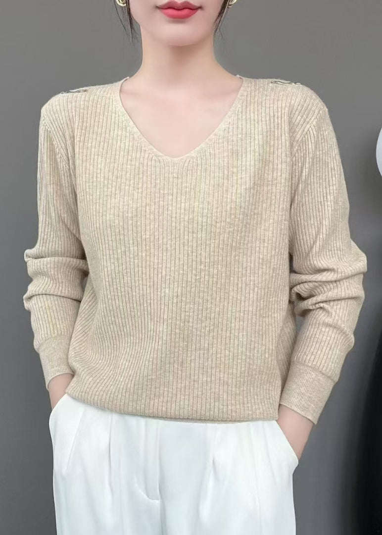 New Khaki V Neck Knit Sweater Fall
