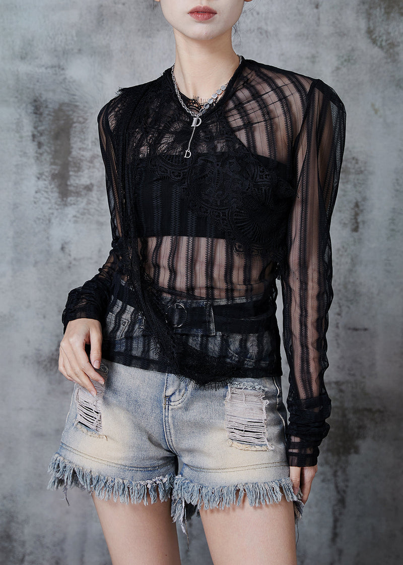 Black Asymmetrical Patchwork Tulle Eyelash Tops Fall