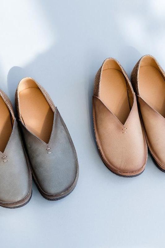 Gray and Beige Leather Flat Shoes