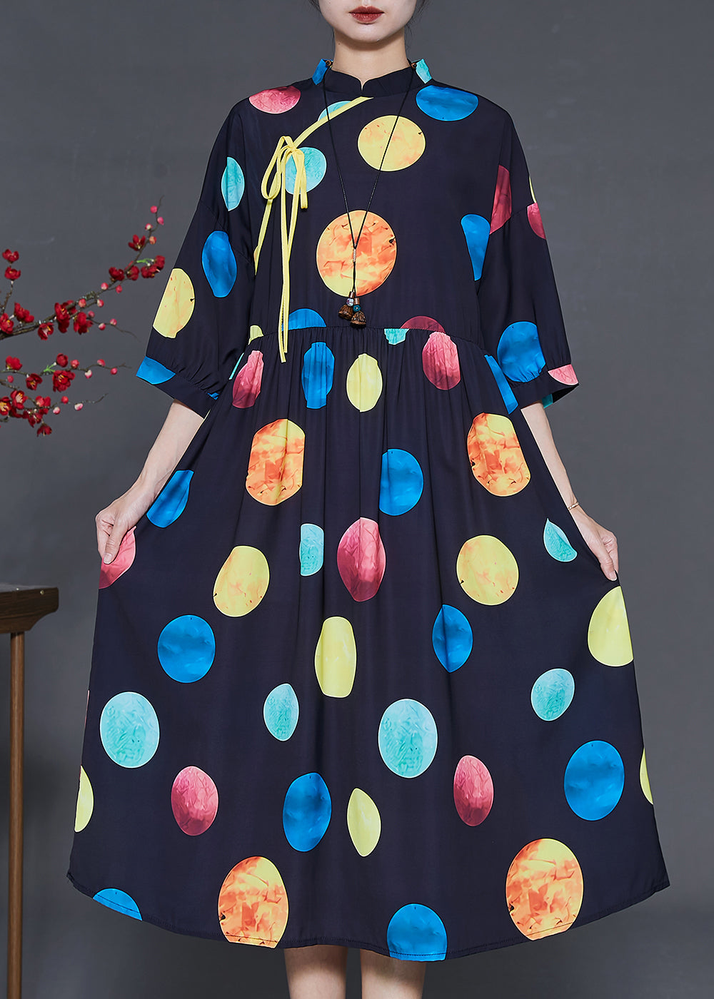 French Rainbow Print Mandarin Collar Silk Dress Summer