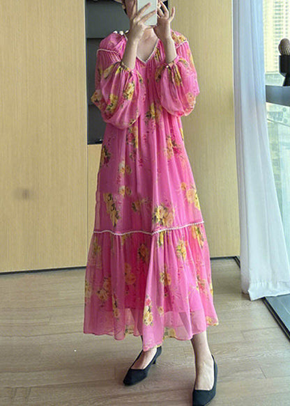 Pink V Neck Print Patchwork Chiffon Long Dresses Fall