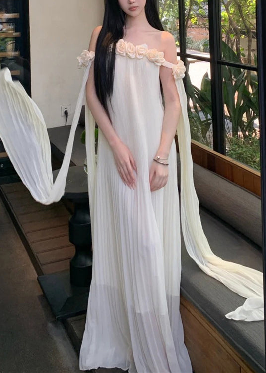 Beige Slash Neck Chiffon Maxi Dresses Summer