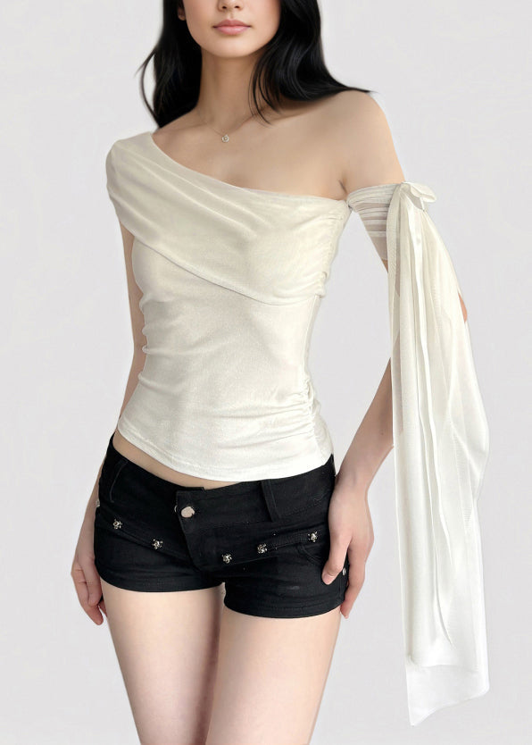 White One Shoulder Asymmetrical Tassel T Shirt Summer