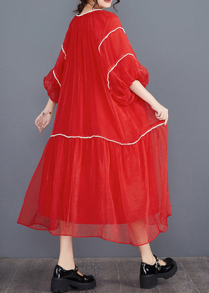 Red O-neck Patchwork Holiday Dress Summer