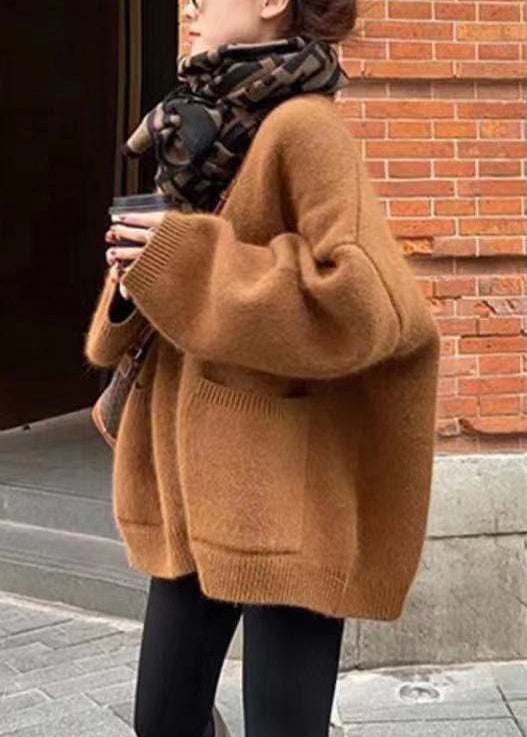 Brown V Neck Pockets Cotton Knit Cardigans Long Sleeve