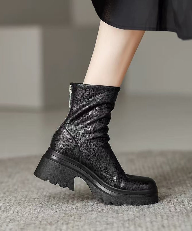 White Cowhide Leather Splicing Chunky Boots