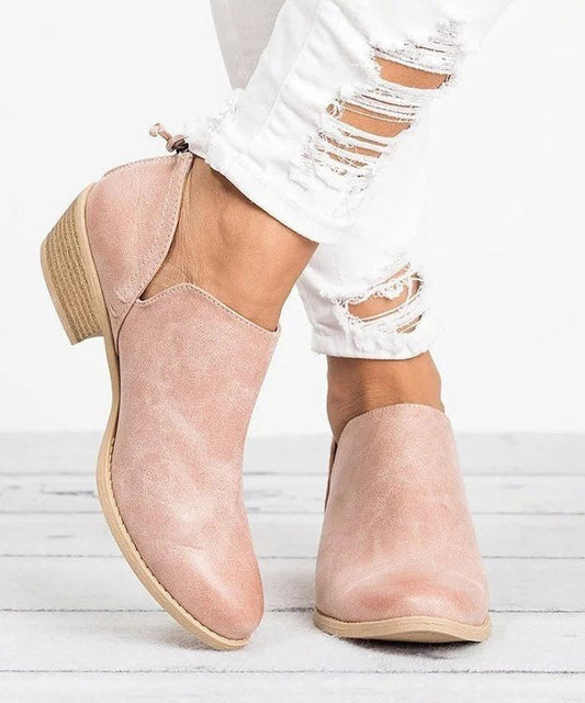 Pink Suede Zippered Splicing Ankle Boots
