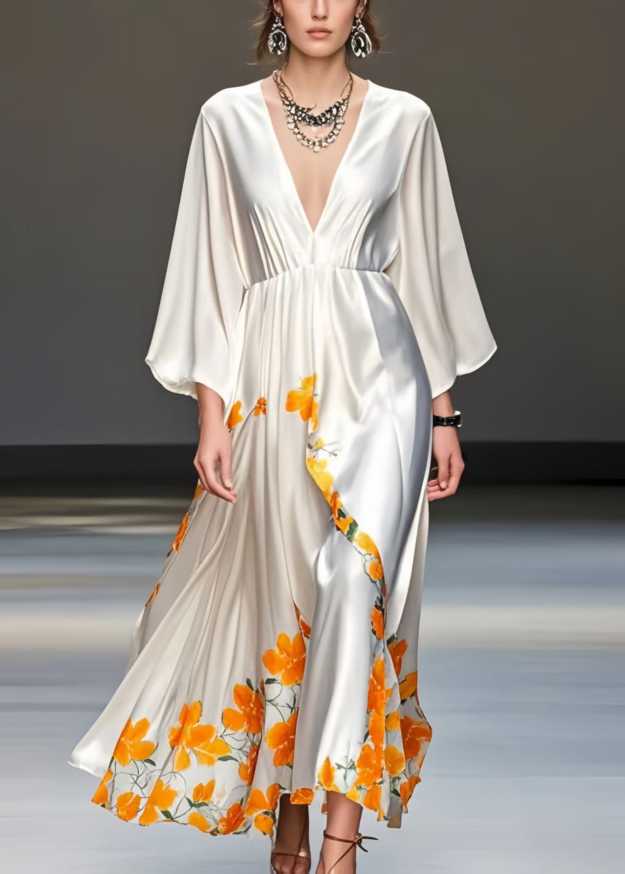 White Print Draping Silk Vacation Dresses V Neck Spring