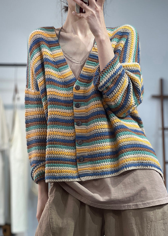 Blue V Neck Button Cotton Knit Coat Fall
