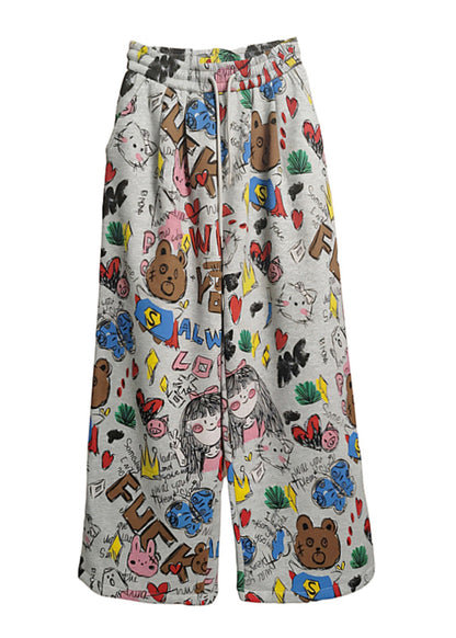 Grey Oversized Print Cotton Wide Leg Pants Spring