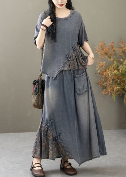 Blue Print T Shirt and Skirts Two Piece Set Short Sleeve