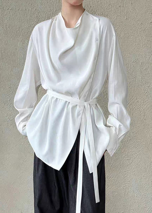 White Stand Collar Button Shirts Lantern Sleeve