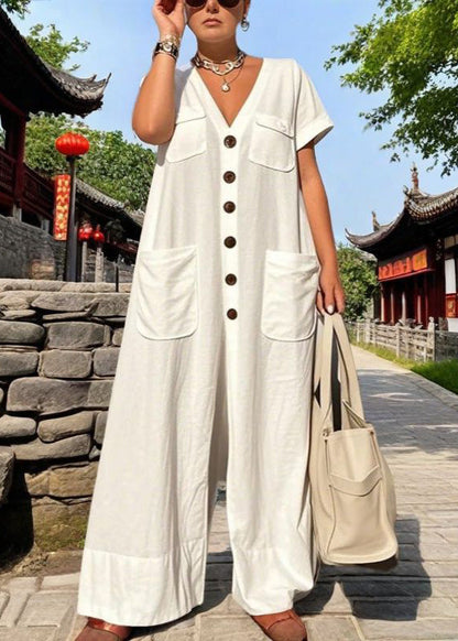 Style White V Neck Button Pockets Cotton Jumpsuits Summer