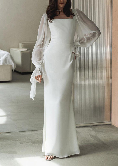 French White Square Neck Tulle Patchwork Dress Flared Sleeves
