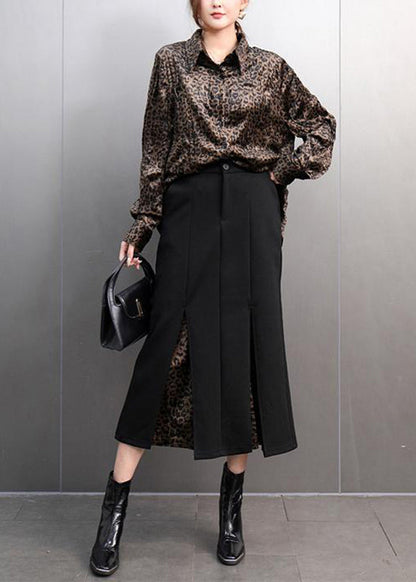 Leopard Peter Pan Collar Button Shirts and Maxi Skirts Two Pieces Set Spring