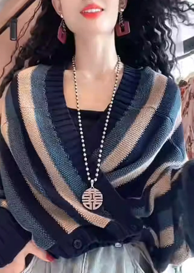 Navy V Neck Striped Button Knit Coats Fall