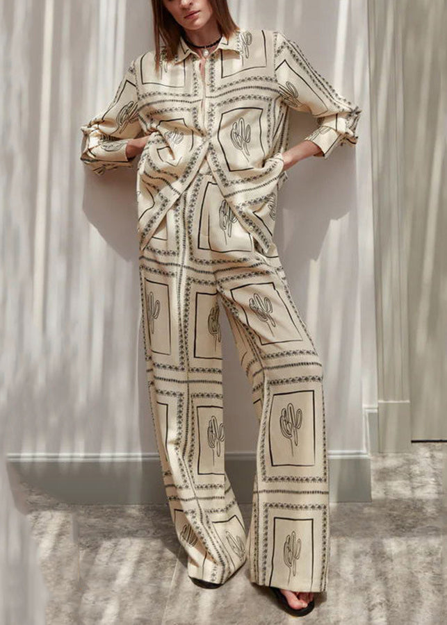 Natural White Peter Pan Collar Print Shirts and Wide Leg Pants Fall