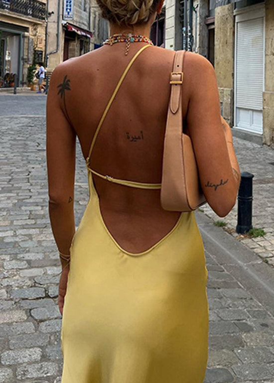 European and American Style Yellow Backless Side Open Silk Dress Sleeveless
