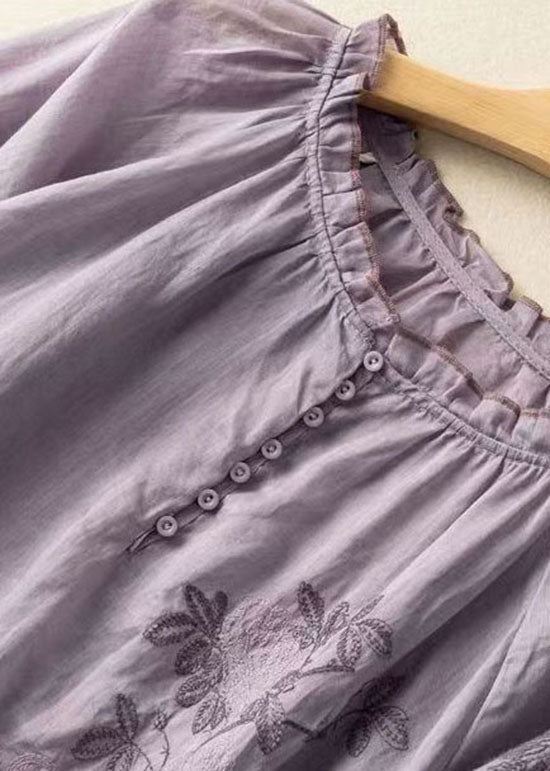 Purple Embroidered Patchwork Linen T Shirt Top Summer