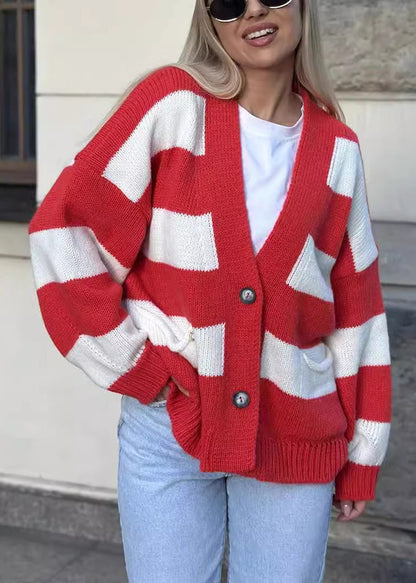 Grey V Neck Pockets Striped Knit Cardigan Fall