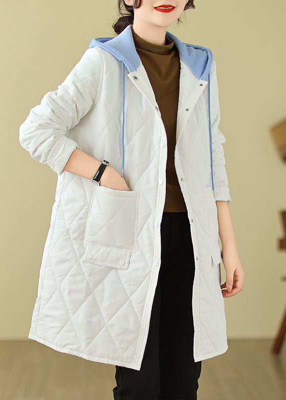 White Pockets Fine Cotton Filled Hoodie Coat Winter