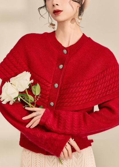 Vogue Red Button Shawl Fake Two Pieces Thick Cotton Knit Sweater Fall