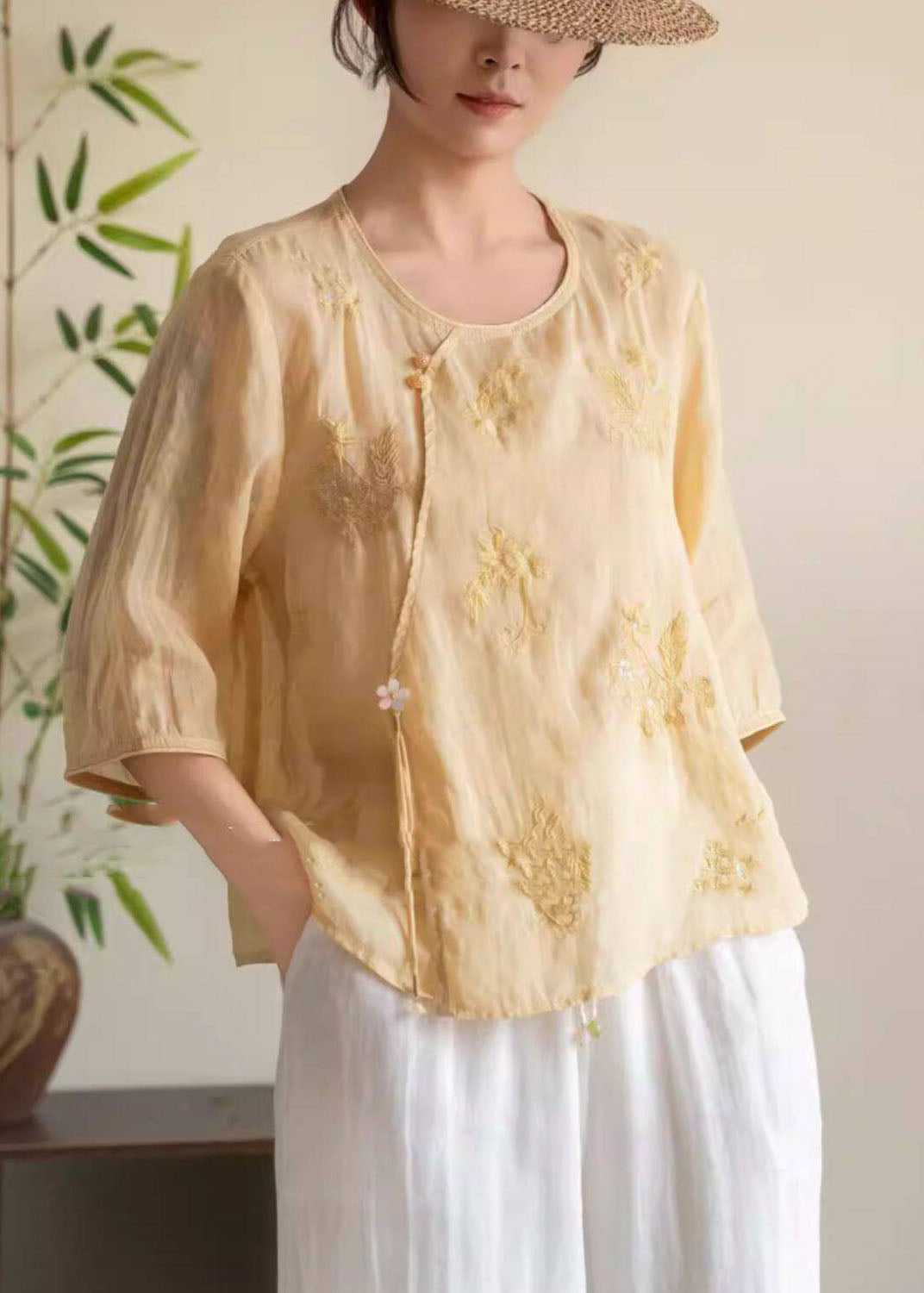 Rose O Neck Embroidered Linen Shirt Tops Bracelet Sleeve