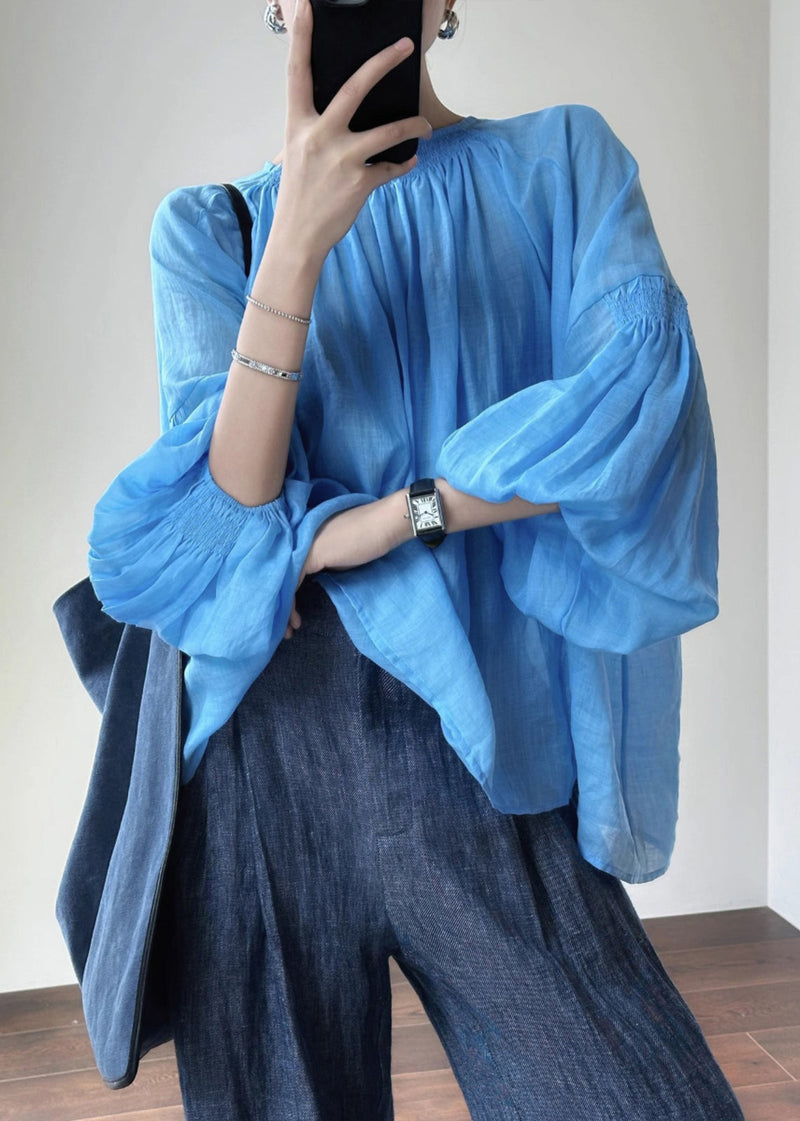 New Blue O-neck Cotton Shirt Lantern Sleeve