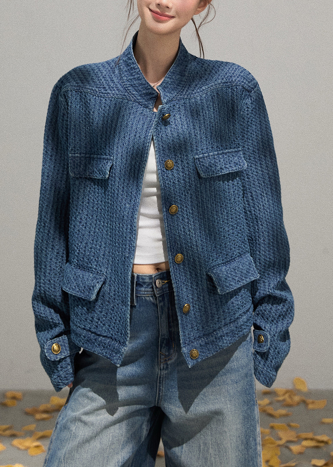 Organic Denim Blue Stand Collar Oversized Jackets Fall
