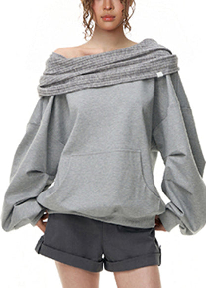 Grey Slash Neck Pockets Sweatshirts Lantern Sleeve