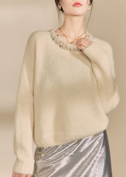 Apricot O Neck Nail Bead Woolen Sweater Tops Fall