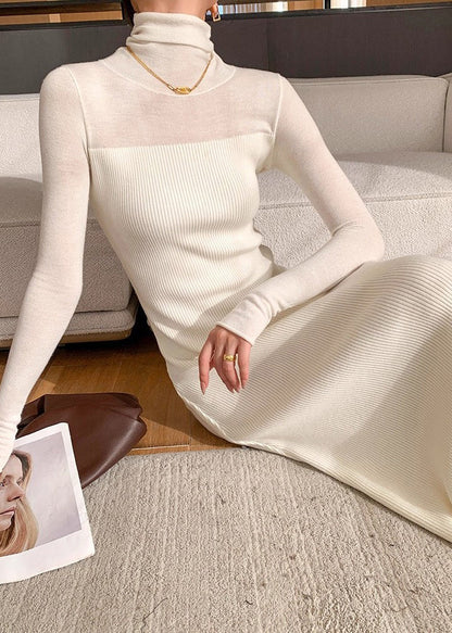 Slim Fit White Turtleneck Knit Long Dress Winter