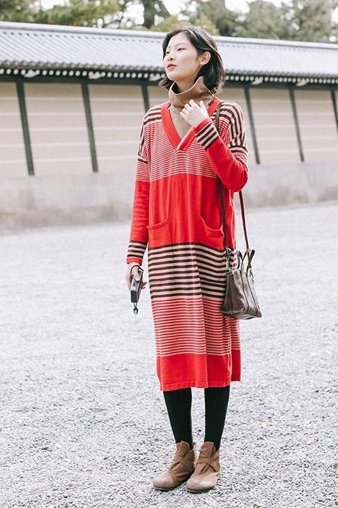 Red Striped Loose Sweater Dresses Clothes