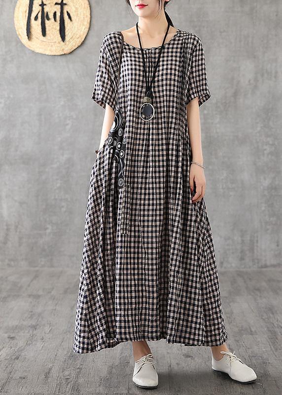 Red Plaid Linen Dresses Summer Long Cotton Dress Maxi Gown